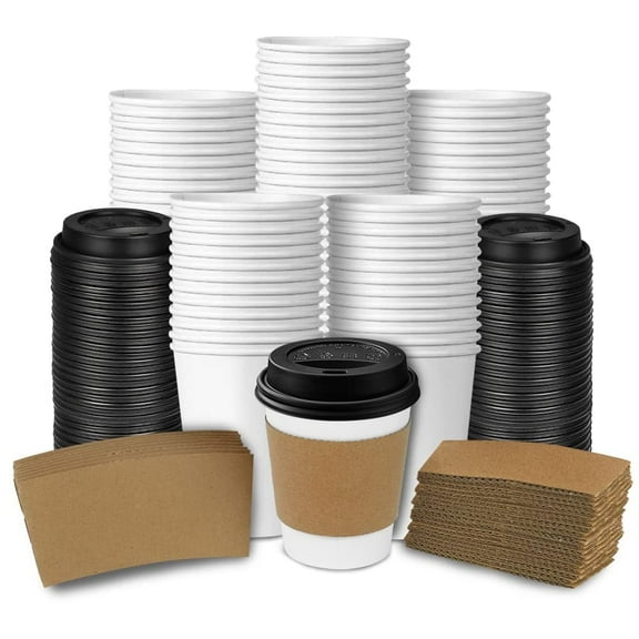Ginkgo 100 Pack 8 oz Disposable Coffee Cups with Lids and Sleeves, to Go Hot Cups for Hot Beverages and Cocoa