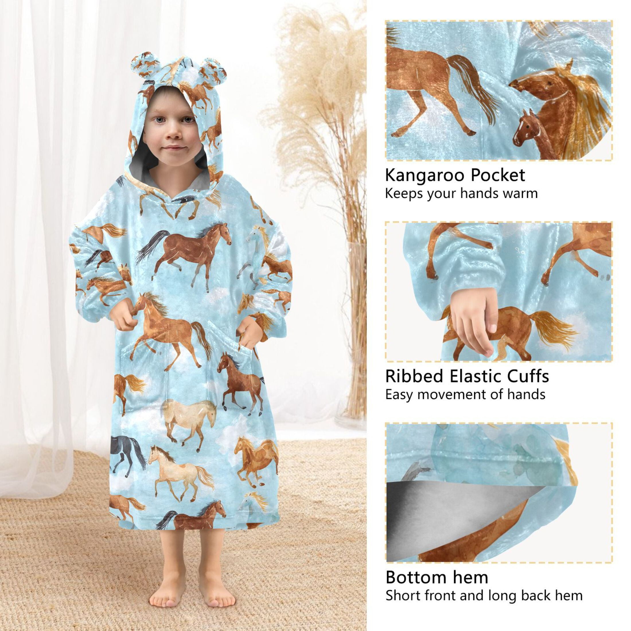 joogoo Wearable Blanket Hoodie for Running Horse Blue Flannel Sherpa Pocket 3-14 YR S