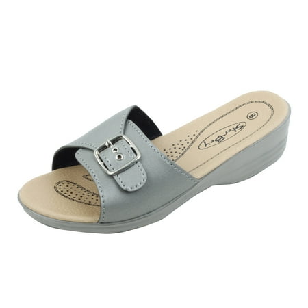 Brand New Women's Slip-On Low Wedge Comfort Sandals Pewter Size