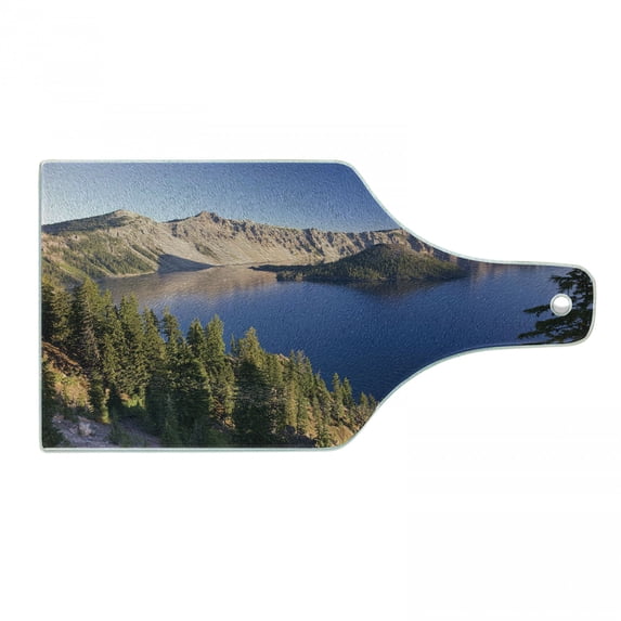 Lake Forest Cutting Board, Crater Lake Volcano Oregon American Scenery, Decorative Tempered Glass Cutting and Serving Board, in 3 Sizes, by Ambesonne