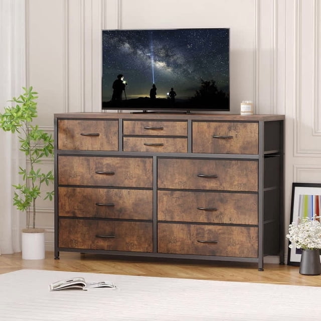 Brown 10 - cajón fabric almacenamiento cómoda con steel frame y wood top, suitable as mesa de TV o entertainment center in dormitorio, hallway, nursery o closets