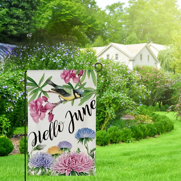 PHYHOO Hello June Garden Flag for Outside Double Sided, Summer Seasonal Watercolor Flowers with Bird Yard Flags, Spring Decor for Farmhouse Outdoor Decoration 12x18in