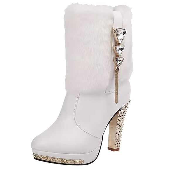 2DXuixsh Boots for Women Rhinestone High Heeled Short Boots Thick with Short Tube Super High with Fashion Boots Female White Size 41