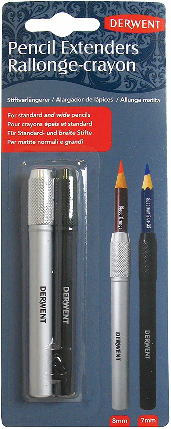 Derwent Pencil Extender Set, Silver and Black, For Pencils up to 8mm, 2 Pack (2300124)