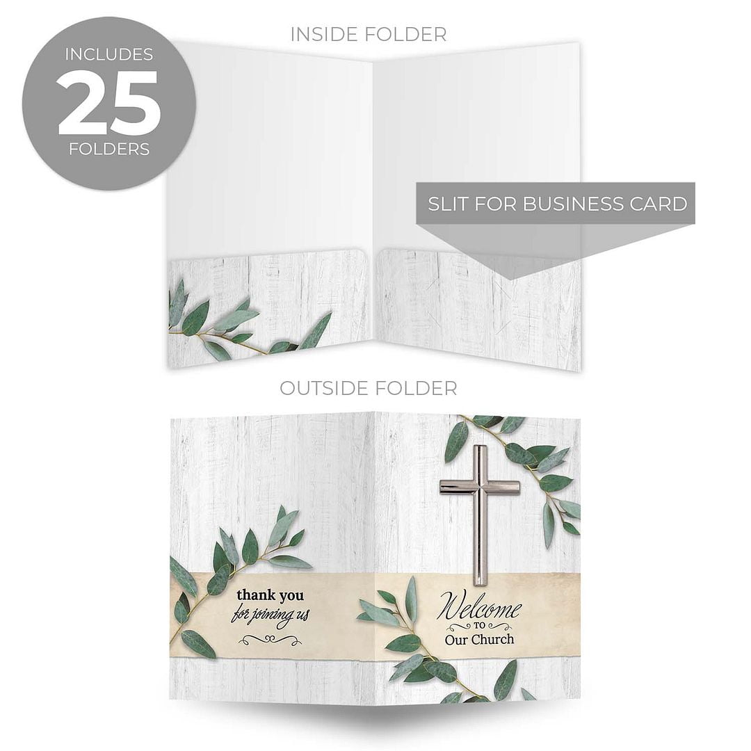 Welcome To Our Church Folders / 25 Greenery Religious / 2 Pocket Christian Visitor Gathering Folders / 9" x 12" New Member Welcome Folder / Made In The USA