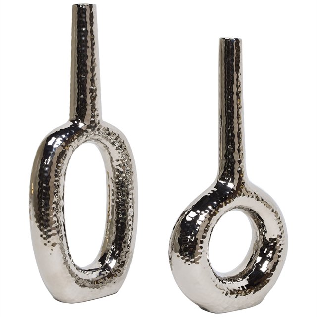 Jennifer Taylor Home Riza 16" & 14" Open Ceramic Vases Set of 2 Hammered Silver
