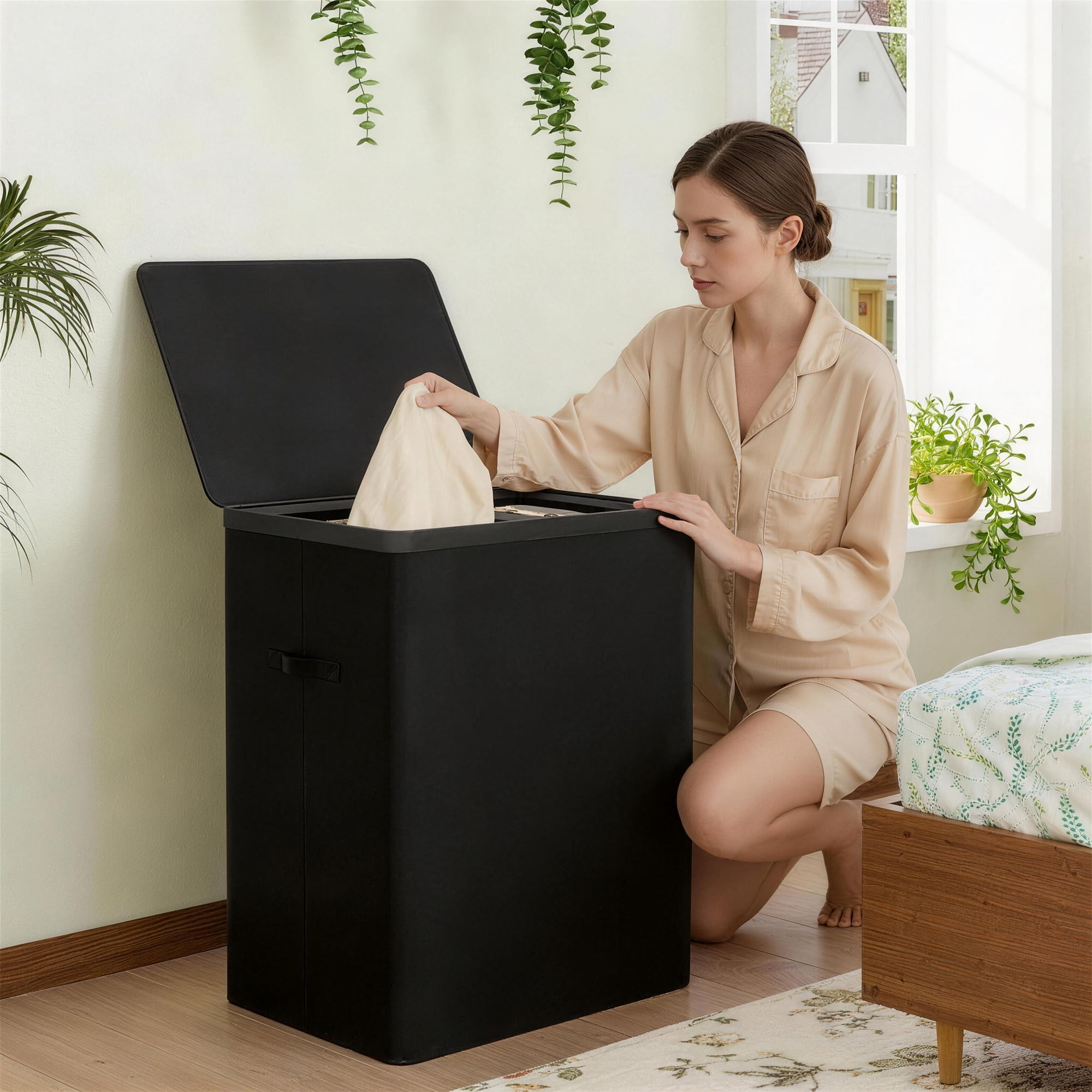 BGTREND 150L Double Laundry Hamper with Lid, 2 Removable Washing Bags with Handles, Large Clothes Sorter for Easy Separation (Black)