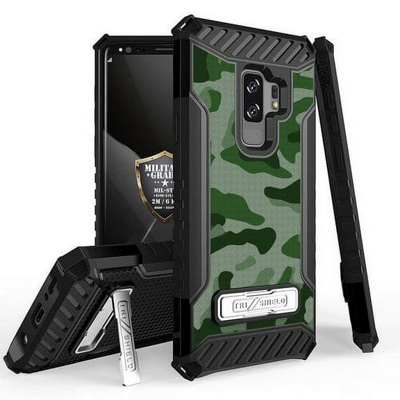 Galaxy S9 Plus / Galaxy S9  Case, Trishield Durable Shockproof High Impact Rugged Armor Phone Cover with Kickstand for Samsung S9  Only White/Printed Green Hunting Camouflage