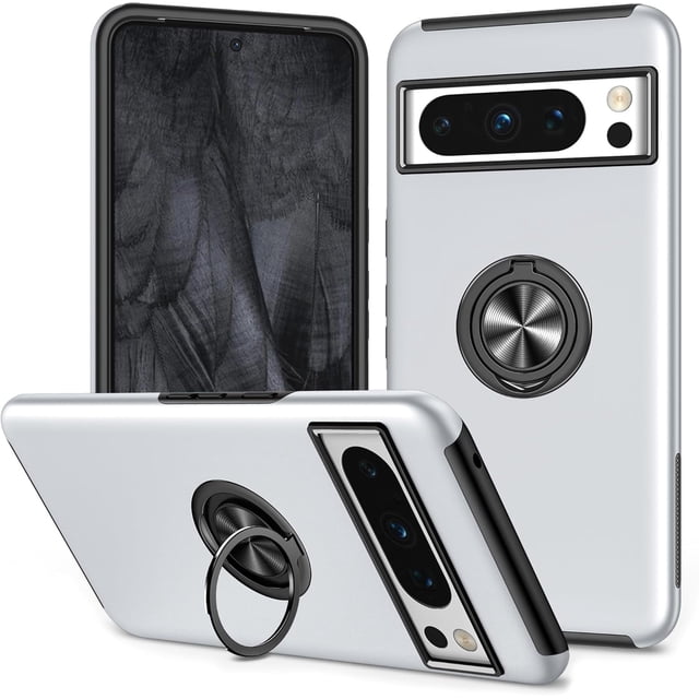 KOMI for Google Pixel 8 Pro Case with 360 Degrees Metal Ring Hard PC Silicone Shockproof Hard PC Case for Google Pixel 8 Pro Silver