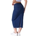 thumbnail image 3 of Falda de mezclilla midi ajustada para mujer, de tiro alto, con rotos y dobladillo sin terminar, estilo casual, color azul, 3 of 6