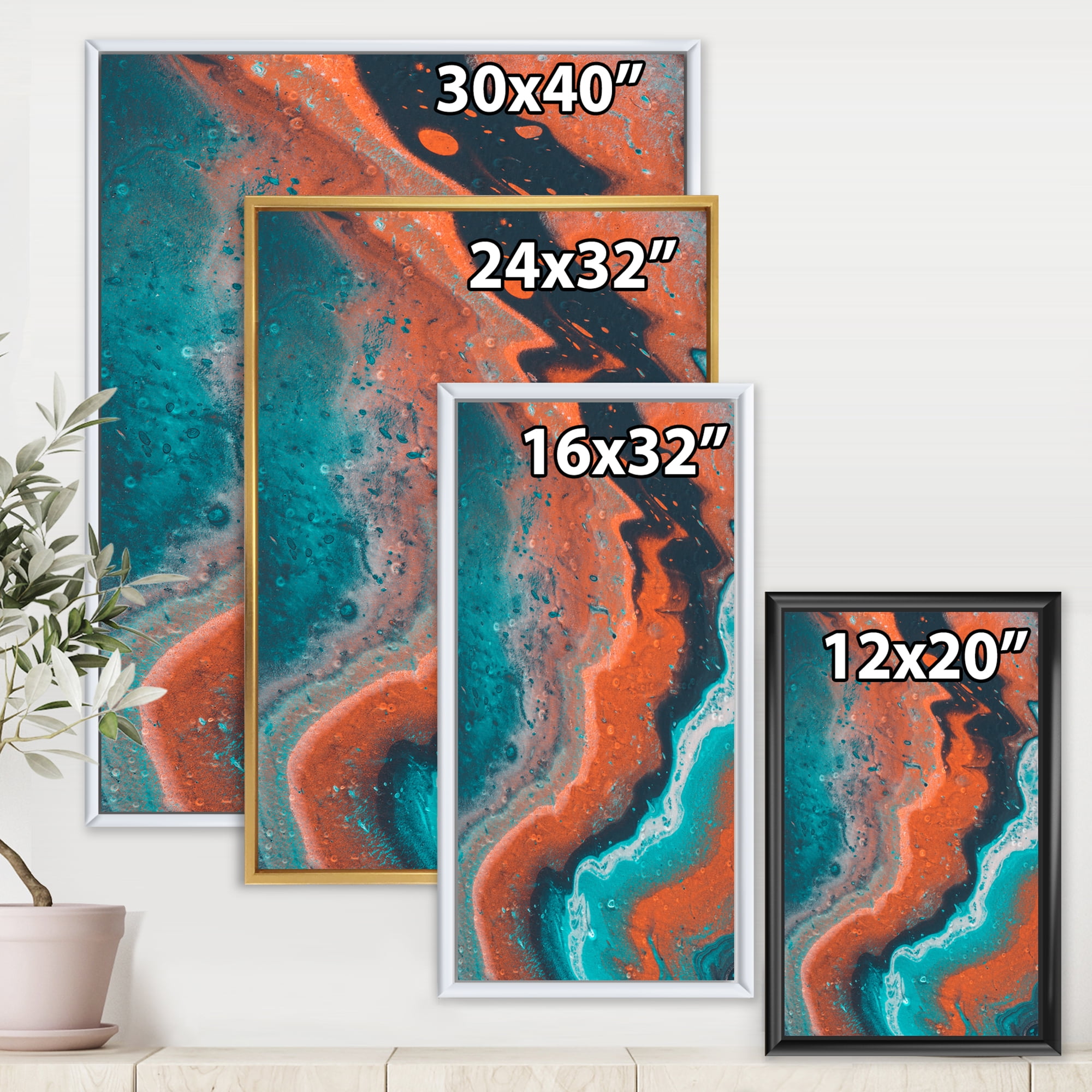 Designart 'Abstract Marble Composition In Orange and Blue I' Modern Framed Canvas Wall Art Print