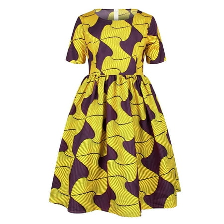 

GWAABD Cute Spring Dresses for Teen Girls Yellow Polyester Spandex Toddler Kids Baby Girls African Dashiki Traditional Style Short Sleeve Round Neck Dress Ankara Princess Dresses Outfits 1-6Y 100