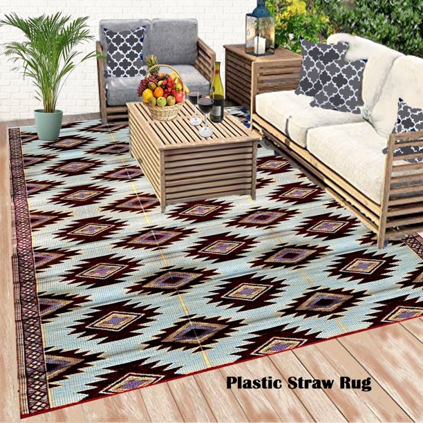 BalajeesUSA Outdoor Plastic straw patio rugs9 by 12 feet. Red, Black, Sky Blue and Yellow