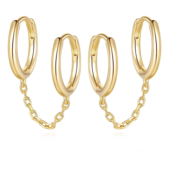 14K Gold Chain Earrings for Women Double Hoop Earrings with Earring Chain 14K Gold Plated Hoop Earrings Hypoallergenic Earrings Trendy Women's Earrings Birthday Christmas Anniversary Gifts for Women