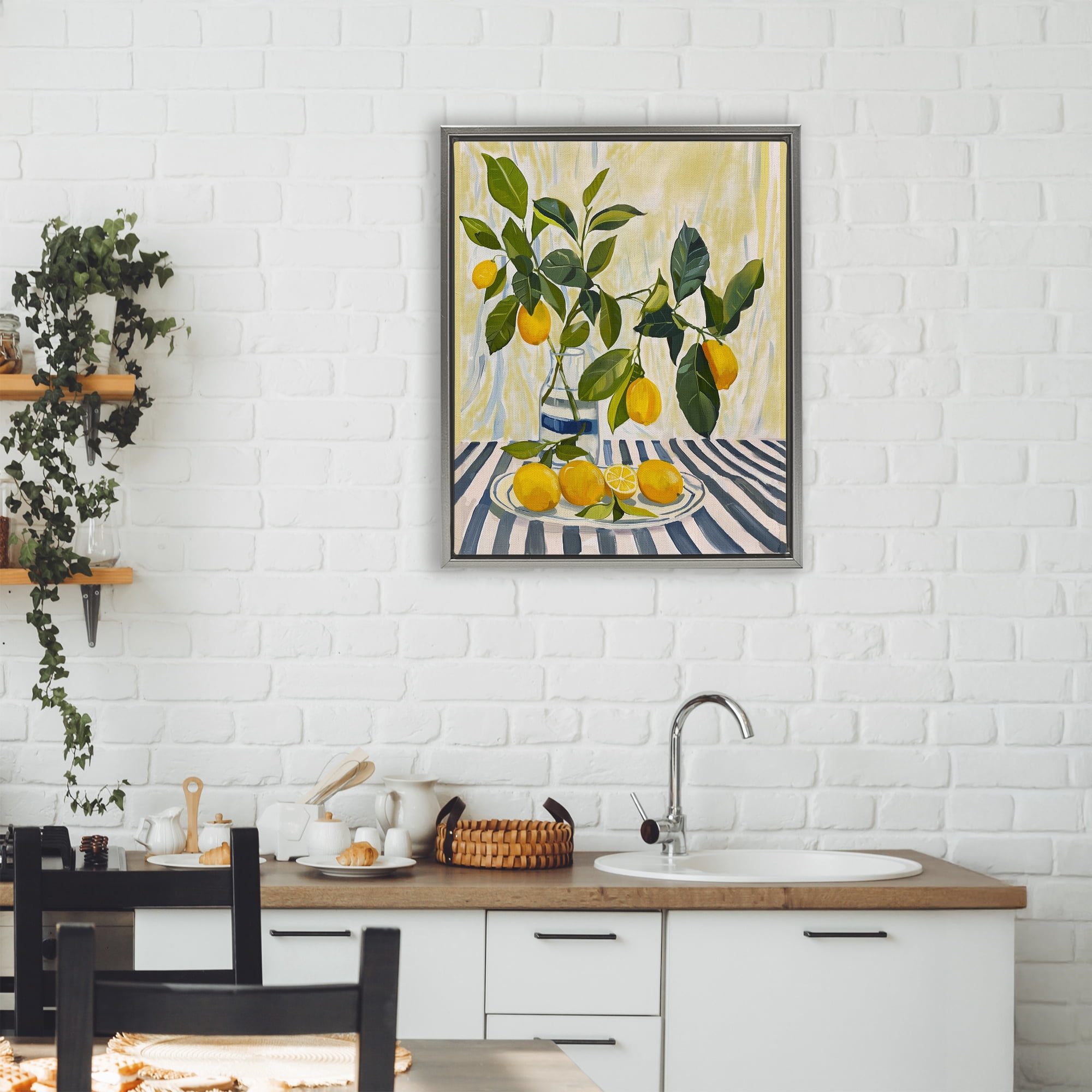 Stupell Industries Lemons on Striped Tablecloth Gray Framed Floater Canvas Wall Art, design by Yen