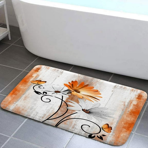 Rustic Farmhouse Bath Rug, Farm Orange Daisy Floral Flowers and Butterfly on Country Wooden Autumn Bath Mat Yellow Grey Kitchen Rug Floor Mat Soft Non Slip Runner Carpet Indoor Doormat, 17X29