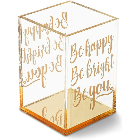 Gold & Clear Acrylic Pencil Cup & Pen Holder with Inspirational Quotes for Home Office, 2.95 x 4.45 in