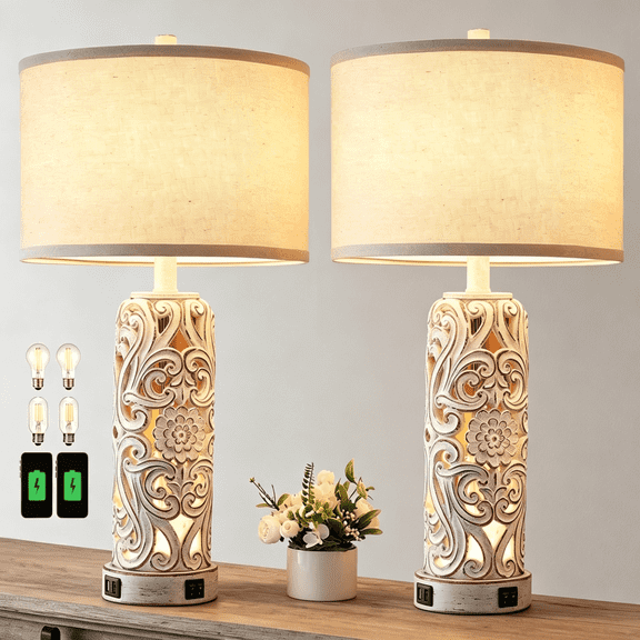 RORIA 25"Country Style Table Lamps Set of 2,for Bedrooms and Living Room, with 2 USB Charging Ports and Night Light,Hollow Resin Farmhouse Vintage Bedside Lamps