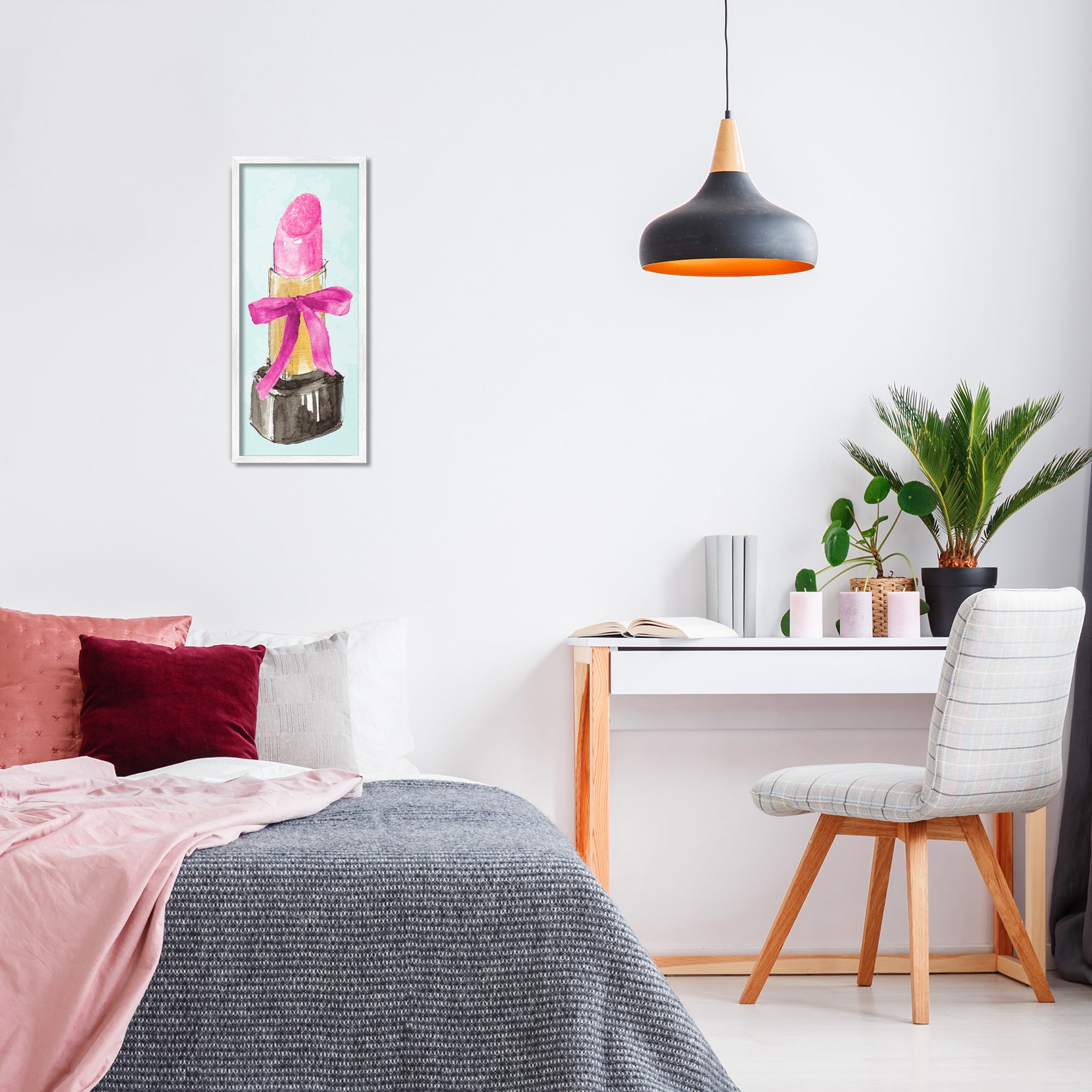 Stupell Industries Lipstick & Pink Bow Fashion Painting White Framed Art Print Wall Art, 10 x 24