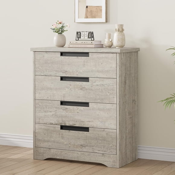 4 Drawer Dresser for Bedroom, Gray Chest of Drawers with Embedded Handles Design, Wooden Dresser Organizer for Living Room, Nursery, Hallway and Entryway