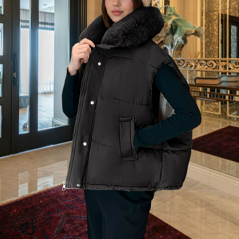Nfurl Womens Quilted Vests Fashion Casual Faux Fur Collar Coats