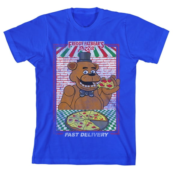 Bioworld Five Nights at Freddy's Fazbear's Pizza Fast Delivery Ad Layout Screen Print on Royal Blue Tee-S
