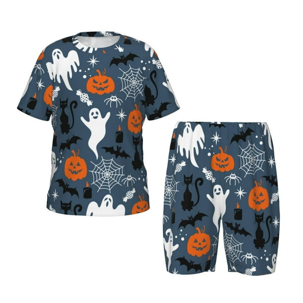 Fotbe Halloween Pijama Estampada de 2 Piezas para Niños – Ropa de Dormir de Manga Corta Cómoda para Niños y Niñas, Camiseta y Shorts de Algodón-Large