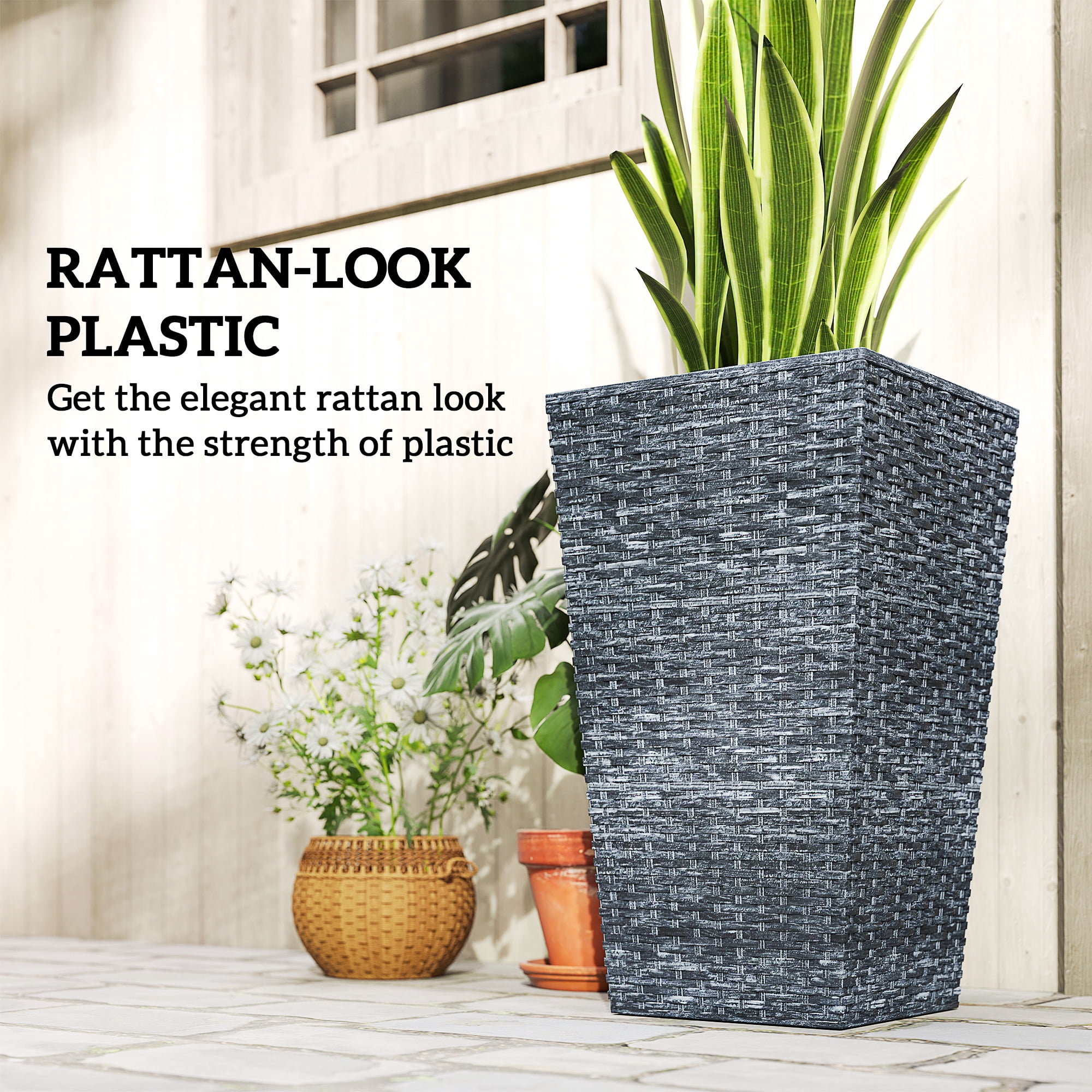 Tall Planters for Outdoor Plants, with Drainage Holes, Rattan Decor Plant Pots for Indoor Outdoor, Set of 3