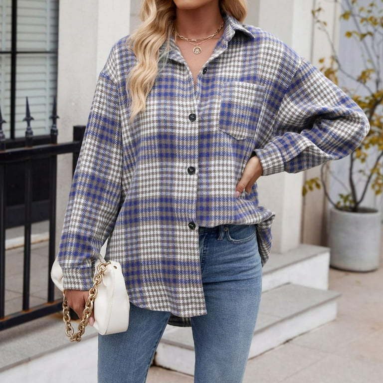 Shirt Blue Checked Shacket Womens UAYOTSE Women's Lounge Lapel - Main Image