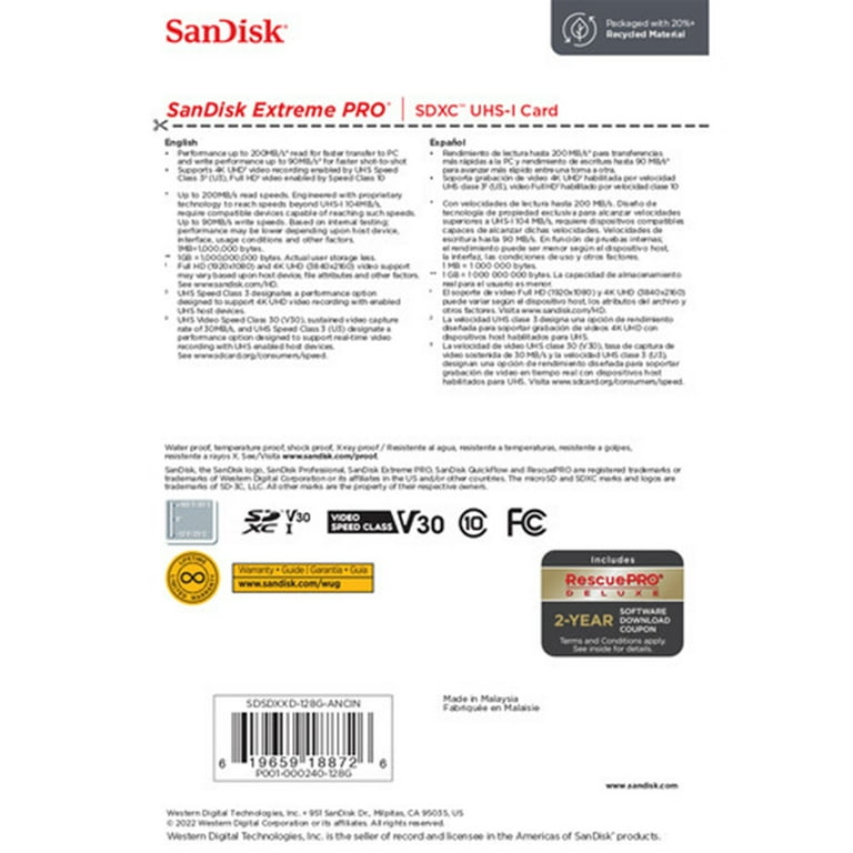 Carte mémoire SDXC SanDisk Extreme PRO 128 Go jusqu'à 200 Mo/s