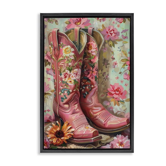 Stupell Industries Southwestern Rose Boots Pink Cowgirl Black Floating Frame Canvas Art, 17 x 25, by LSR Design Studio
