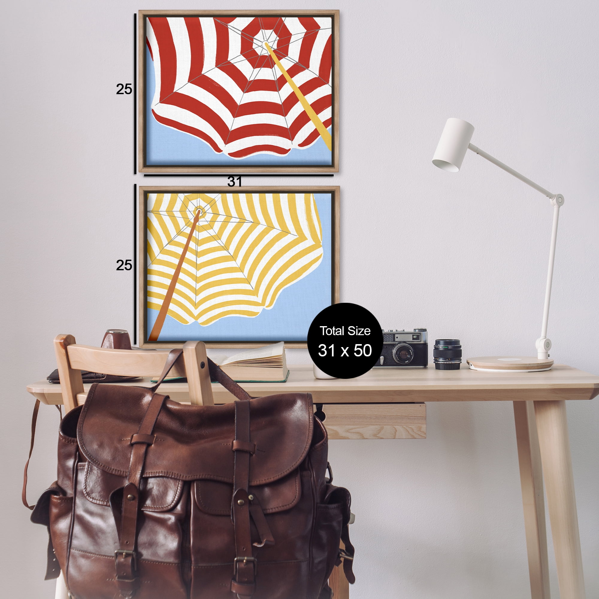 Stupell Industries Striped Beach Umbrella Nautical & Beach Painting Brown Floater Framed Canvas Art Print Wall Art, 31 x 25, Set of 2