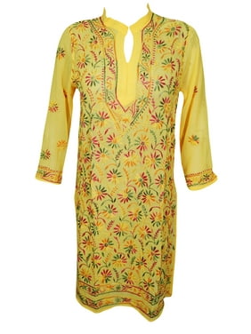 Mogul Women's Yellow Long Tunic Floral Hand Embroidery Lucknowi Kurti Kurta Casual Sleeves Ethnic Wear Summer Dresses