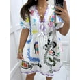 thumbnail image 4 of Rdhnmea Women's Summer A-Line Dress Floral Print Short Puff Sleeve Tie Front V-Neck Babydoll Dress Loose Mini T-Shirt Dress, 4 of 6