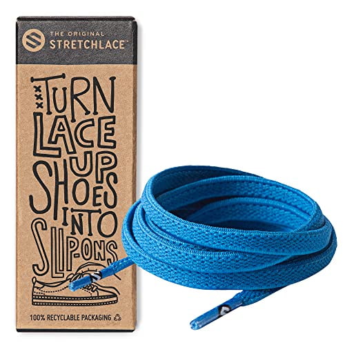 THE ORIgINAL STRETcHLAcE - Flat Elastic Shoelaces, Stretch Shoe Laces for Adult Sneakers, Stylish Shoe Laces for Elderly, Kids, and People with Special Needs, Neon Blue, 24in
