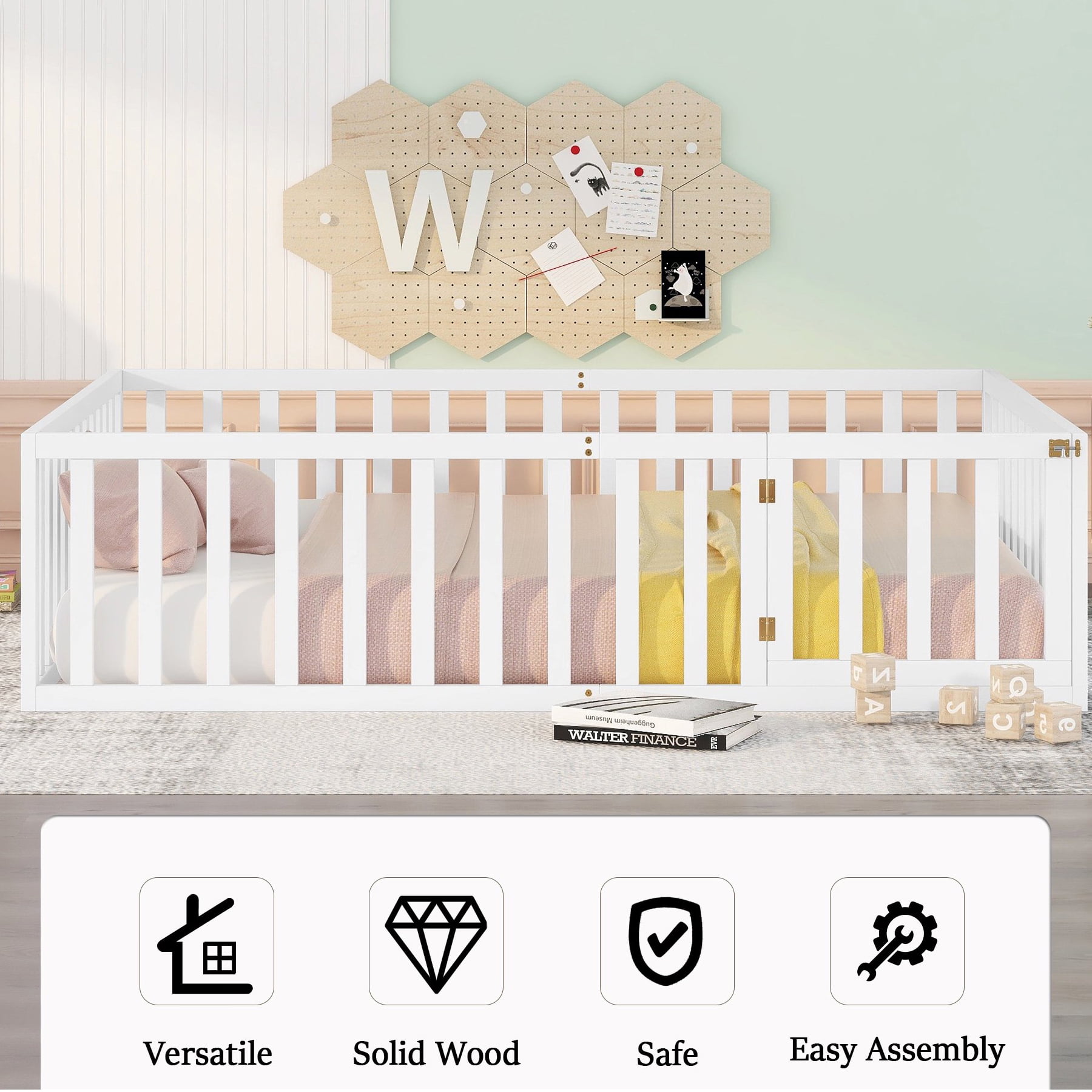 Gewnee Twin Size Toddler Floor Bed,Pine Wood Kids Floor Bed Frame with Fence and Door,White