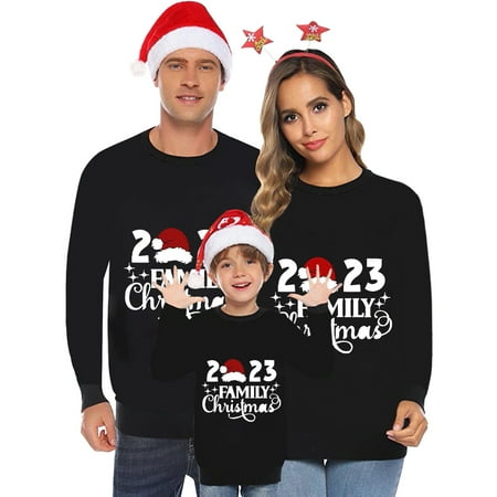 

Christmas Pajamas for Family Black Family Pjs Matching Sets Children Parent Child Outfit Santa Merry Printed Long Sleeved Pullover Casual Round Neck Sweatshirt