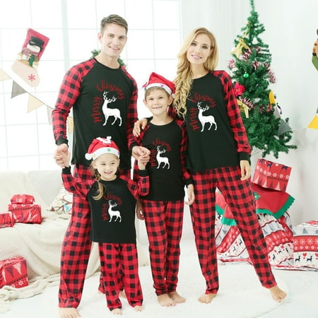 

QILINXUAN Family Christmas Matching Pajamas Set Elk Graphic Tops + Plaid Trousers for Adults and Kids Holiday Xmas Sleepwear Set