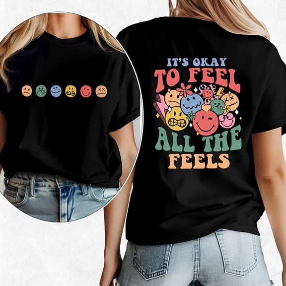 Emotional Mental Health Awareness Tshirts for Women Its Okay To Feel All The Feels Graphic Tees Short Sleeve Trendy Shirts Casual Tops Black,S