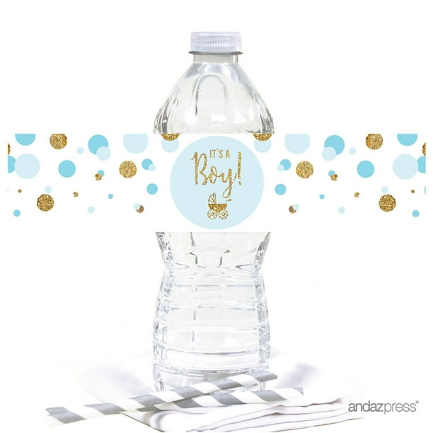 Baby Blue Gold Glitter Baby Shower Water Bottle Label Stickers, 20Pack