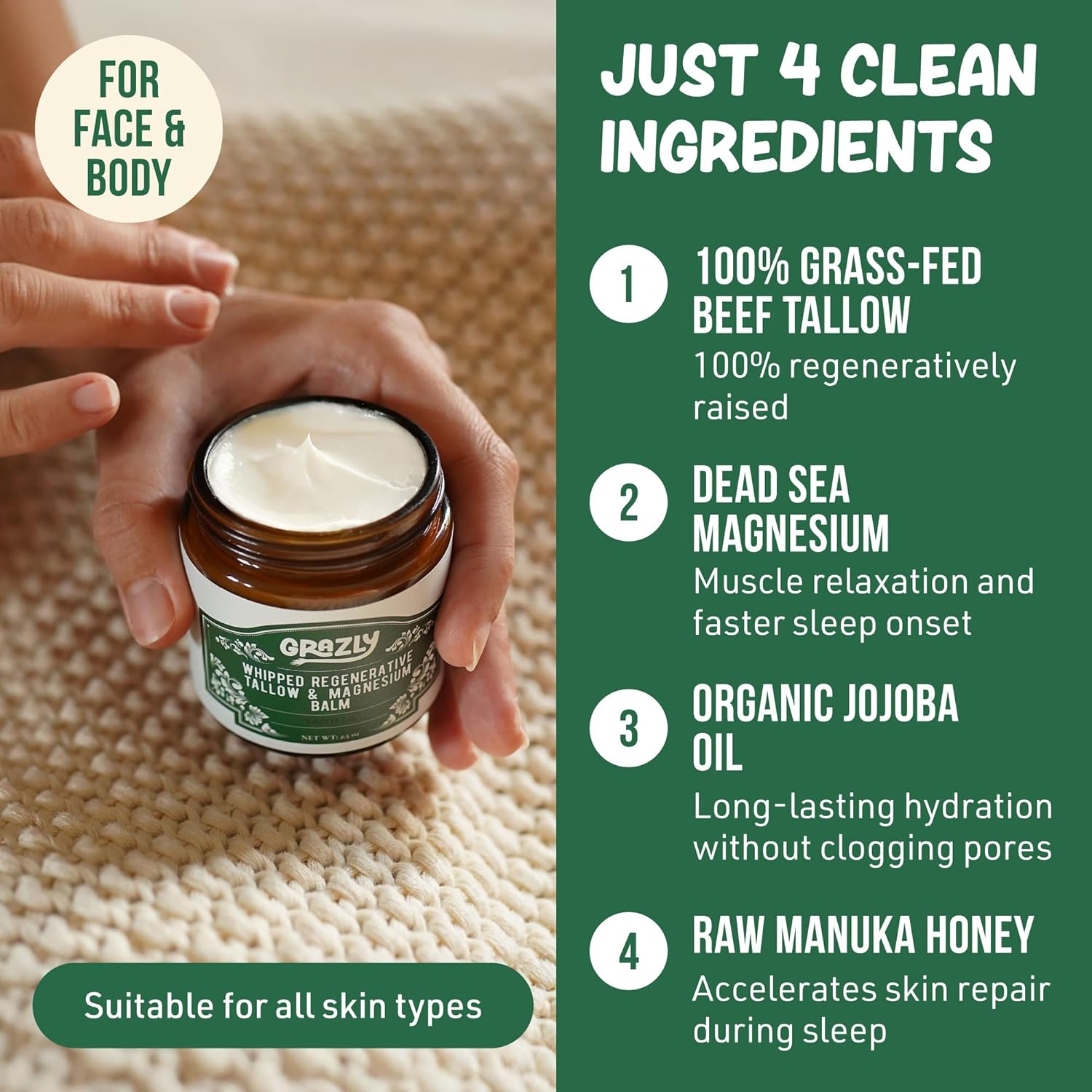 Grazly Whipped Beef Tallow for Skin w/Dead Sea Magnesium, Manuka Honey & Jojoba Oil - Grass Fed Beef Tallow Balm - Body & Face Moisturizer for Dry, Sensitive Skin - Unscented - 2.5oz