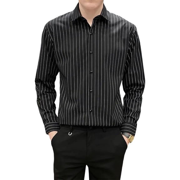 Men Casual Shirt Men's Striped Print Single-breasted Dress Shirt with Turn-down Collar Long Sleeves Business Style Striped Print Shirt