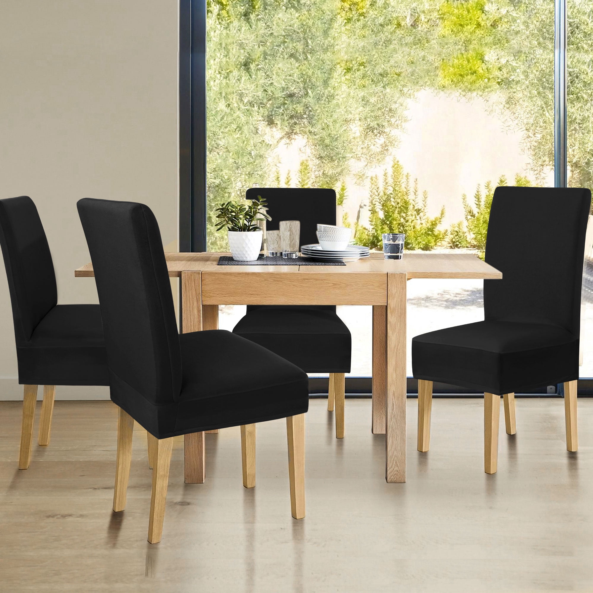 Unique Bargains Stretch Polyester Dining Chair Covers Protector Slipcovers Black 2 Pcs