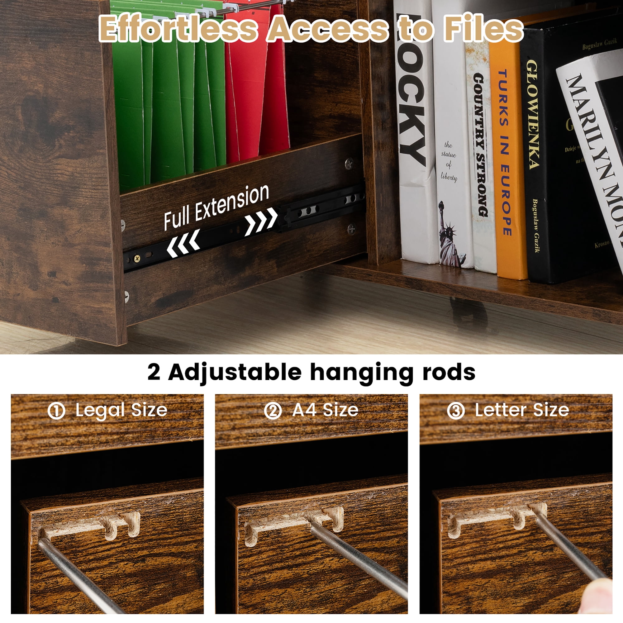 Gymax 3-Drawer Mobile File Cabinet w/ Open Adjustable Storage Shelf for Ho me Office Rustic Brown