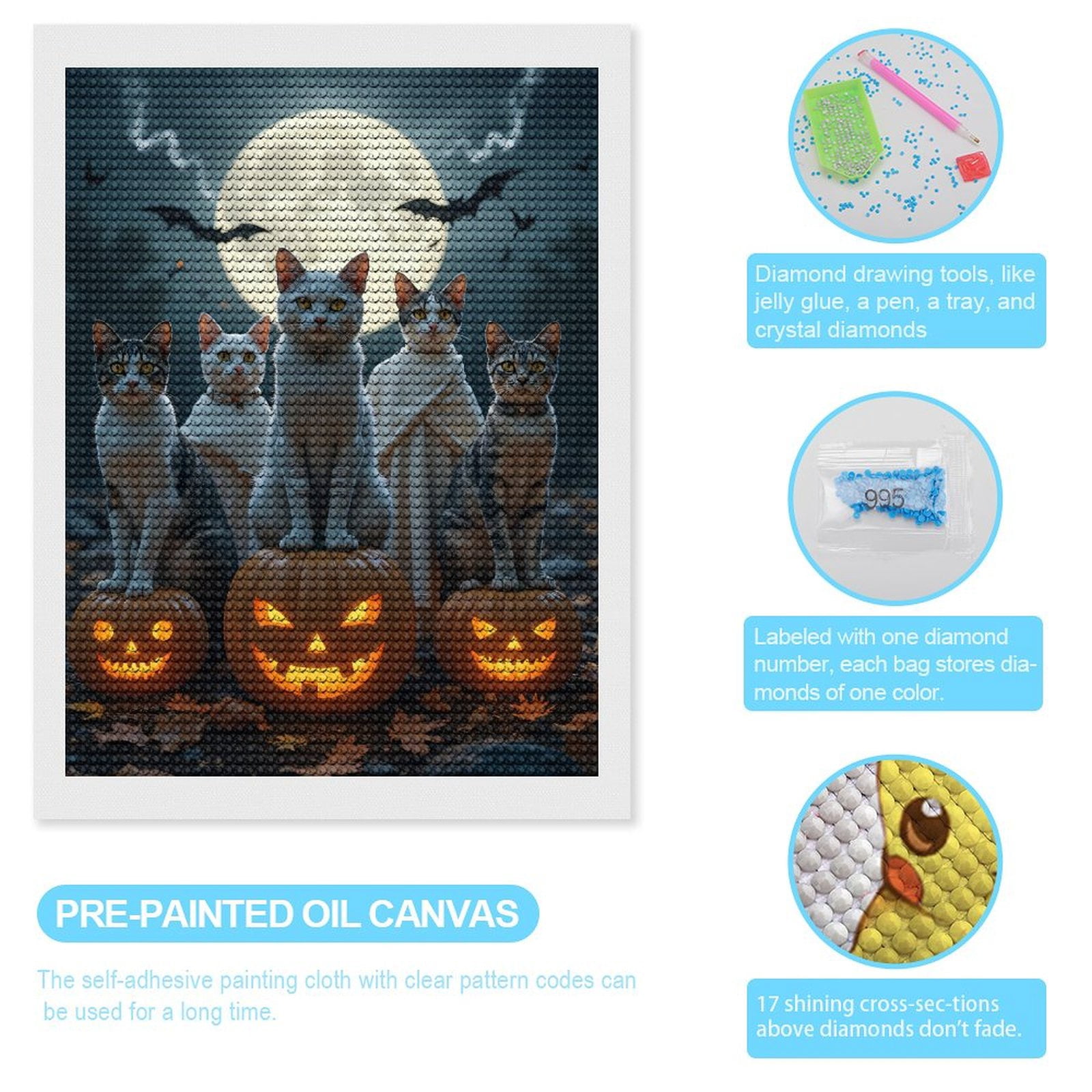 Diamond Art Kits for Adults, Halloween Cats Moonlit Night 5D Diamond Painting Kits for Adults Beginners, DIY Full Drill Diamond Painting, Gem Art and Crafts 12x16