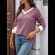 thumbnail image 5 of Camisas de Larga con Cuello en V y Bloques de Color para Mujer: Suéteres Túnica Ligeros Informales de Otoño, Conjuntos de Moda. Rojo Púrpura L, 5 of 10