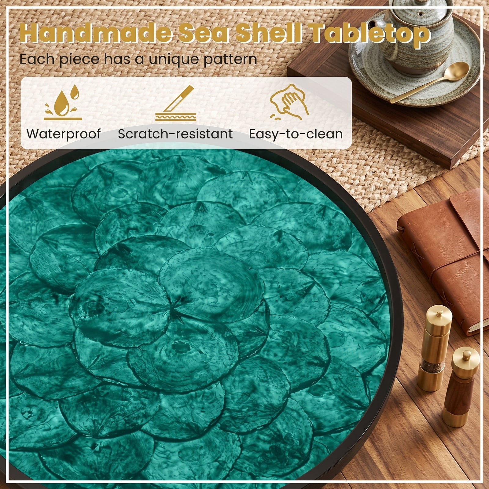 Furnibear 16 Inch Mid-Century Modern End Table, Handmade Sea Shell Accent Side Table with Epoxy Resin Waterproof Tray Top and Mahogany Wood Legs for Living Room, Green