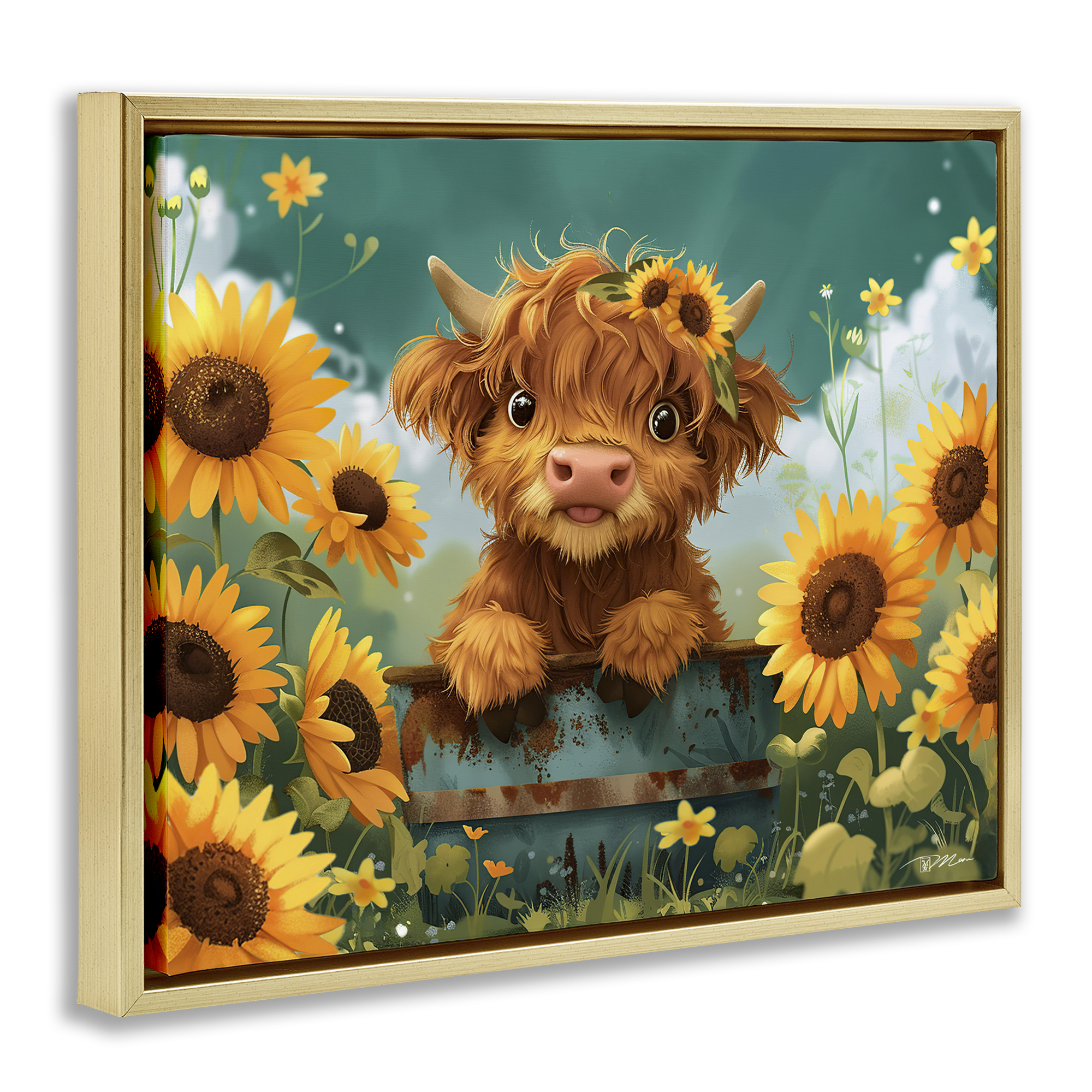 Cute Happy Highland Cow Gold Framed Floater Canvas Wall Art, design by Momart