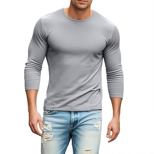 Camiseta básica informal de manga larga con degradado de color para hombre - Diseño ligero en el dobladillo, poliéster-spandex, tallas S-XXXL