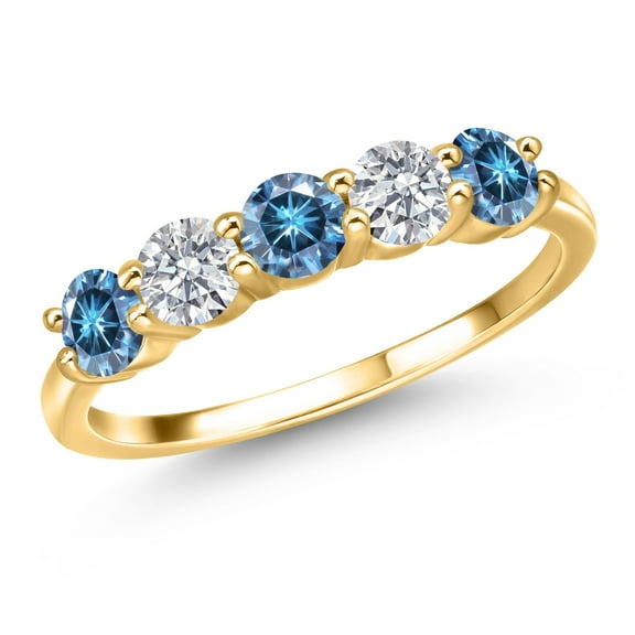 Gem Stone King 18K Yellow Gold Plated Silver Band Ring Round Persian Blue Moissanite and Lab Grown Diamond G/H (1.23 Cttw, Size 8)